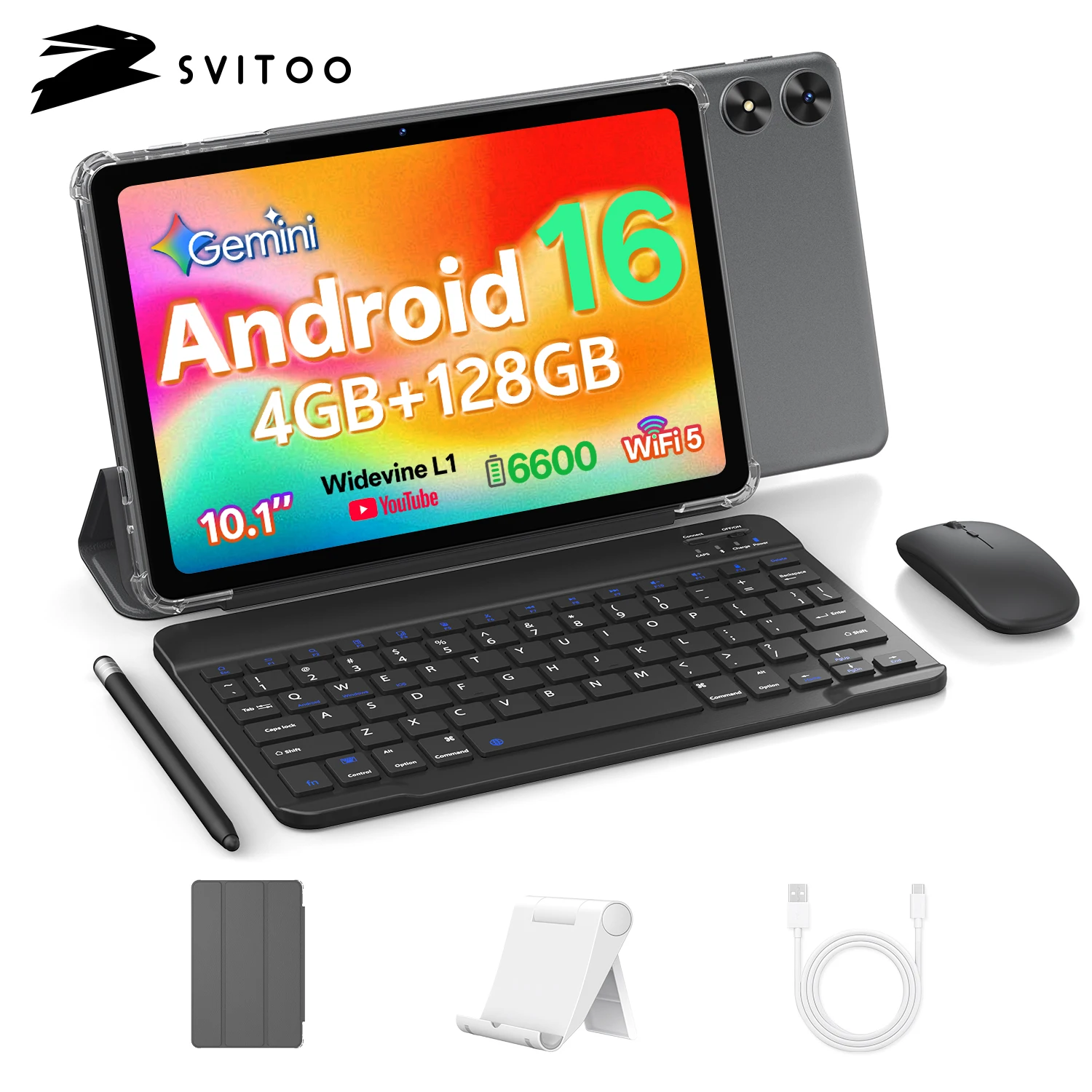 SVITOO Tablet 2026 Android 16 10.1 Inch HD IPS Screen Unisoc T7250 Octa-Core Processor 4GB RAM 128GB ROM 1TB Expandable 6600mAh Battery 2.4GHz 5GHz WiFi 5 Bluetooth 5.0 GPS Widevine L1 With Case Keyboard Mouse Stylus Stand