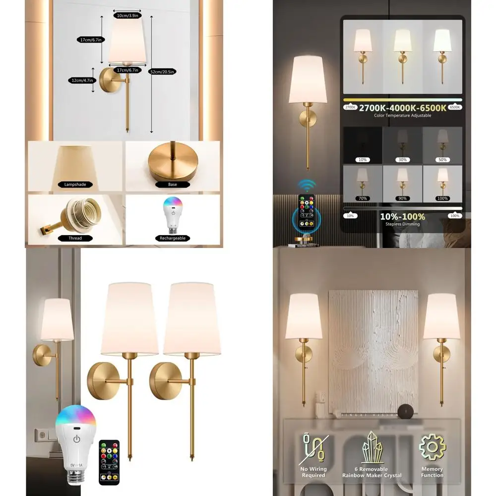 Пара перезаряжаемых настенных бра с регулируемой яркостью, пультом дистанционного управления, 3 температуры и 15 RGB-подсветками, идеально подходит для домашнего декора
Пара перезаряжаемых настенных бра с регулируемой яркостью, пультом дистанционного управления, 3 температуры и 15 RGB-подсветками, идеально подходит для домашнего декора