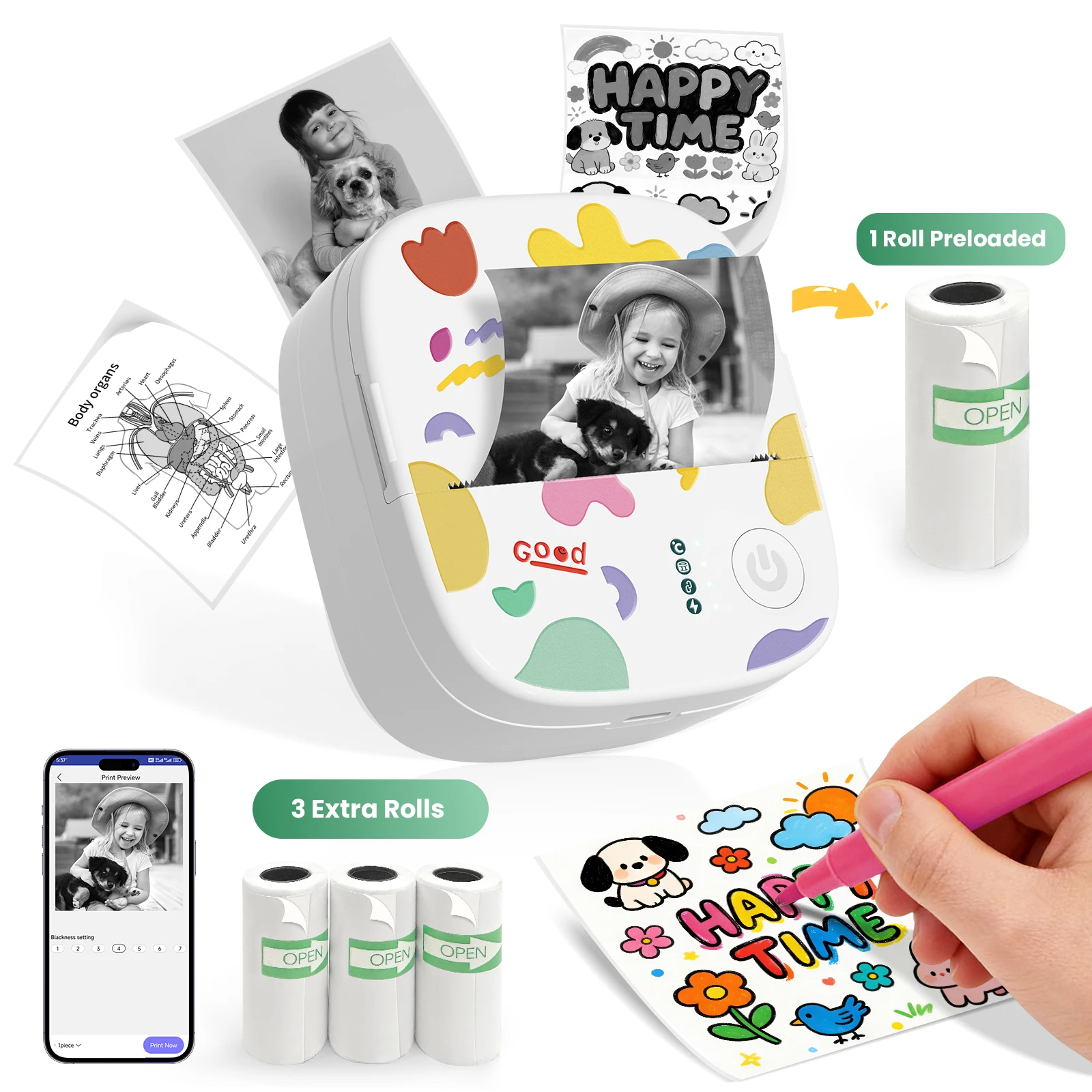 YISORA Mini Portable Sticker Printer , Mini Thermal Printer with 4 Rolls Paper, Bluetooth Inkless Printpods, Pocket Label Maker