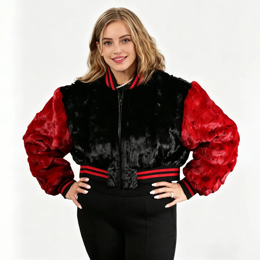 Women's Black & Red Mink Section Fur Baseball Jacket Short Mink Fur Zippered Bomber Jacket Hot Selling Natural Fur Coat
Women's Black & Red Mink Section Fur Baseball Jacket Short Mink Fur Zippered Bomber Jacket Hot Selling Natural Fur Coat