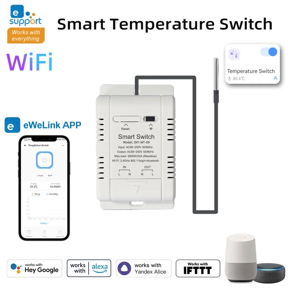 WIFI-совместимый интеллектуальный термостат Ewelink, датчик температуры и влажности, переключатель, удаленная сцена синхронизации, голосовое управление для дома
WIFI-совместимый интеллектуальный термостат Ewelink, датчик температуры и влажности, переключатель, удаленная сцена синхронизации, голосовое управление для дома