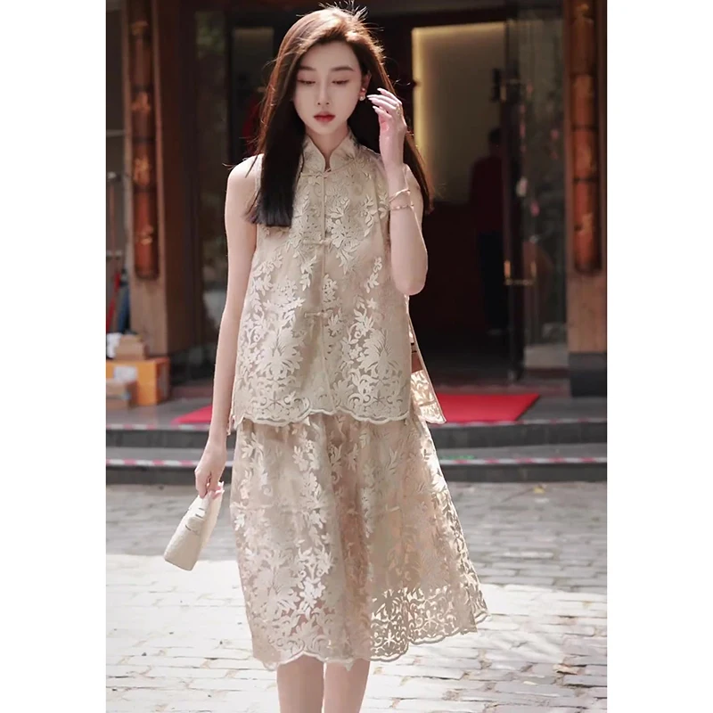 High Quality Chinese Style Silk Organza Fabric Stand Collar Single Breasted Vest Top+Half Skirt Set Women's Summer New S-XL
High Quality Chinese Style Silk Organza Fabric Stand Collar Single Breasted Vest Top+Half Skirt Set Women's Summer New S-XL
