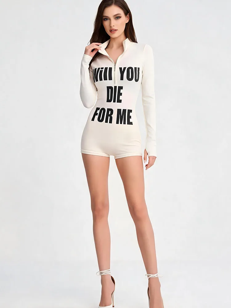 Street Y2K spicy girl style letter print long sleeved slim fitting jumpsuit shorts with high neck zipper, tight and sexy
Street Y2K spicy girl style letter print long sleeved slim fitting jumpsuit shorts with high neck zipper, tight and sexy