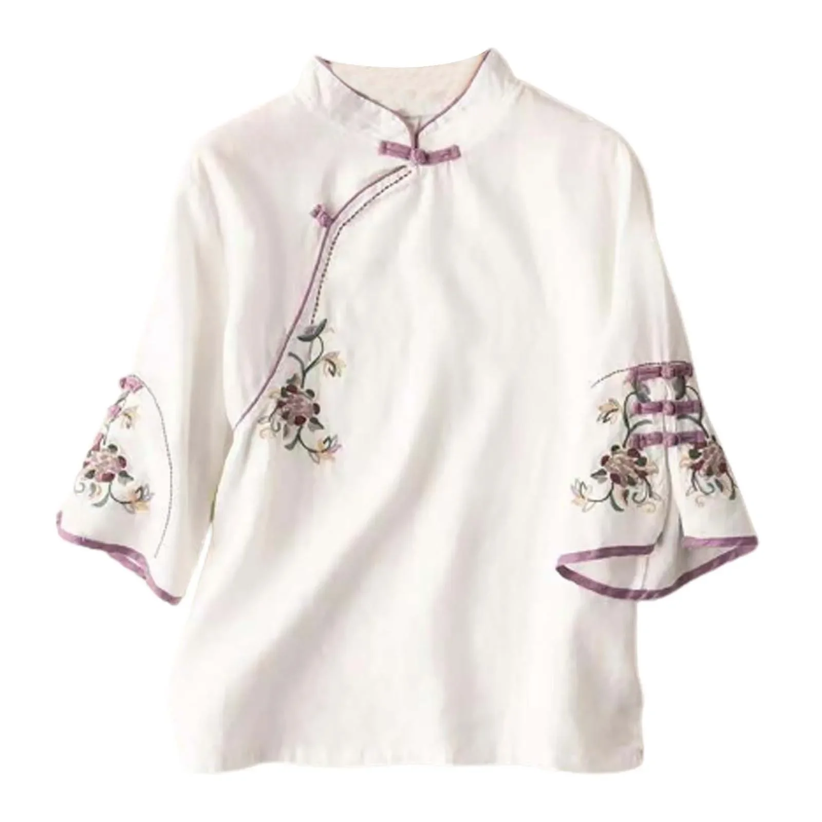 Retro Embroidered There Quarter Sleeve Women's Tops Ladies Cotton Linen Shirt Blouse Chinese Traditional Ttang Hanfu Costumes
Retro Embroidered There Quarter Sleeve Women's Tops Ladies Cotton Linen Shirt Blouse Chinese Traditional Ttang Hanfu Costumes