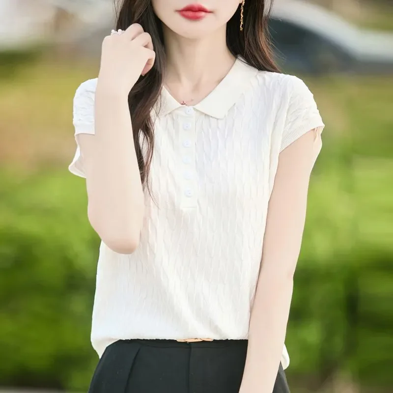 Women's Mulberry Silk Knit Short Sleeve Top Polo Collar Textured Pattern Loose Fit Casual Elegant Slimming Top In White
Women's Mulberry Silk Knit Short Sleeve Top Polo Collar Textured Pattern Loose Fit Casual Elegant Slimming Top In White