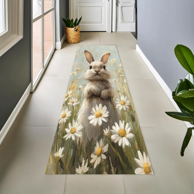 Cute Rabbit Pattern Long Runner Rug Fresh Floral Non-Slip Kitchen Mat Hallway Entrance Doormat Soft Absorbent Home Carpet