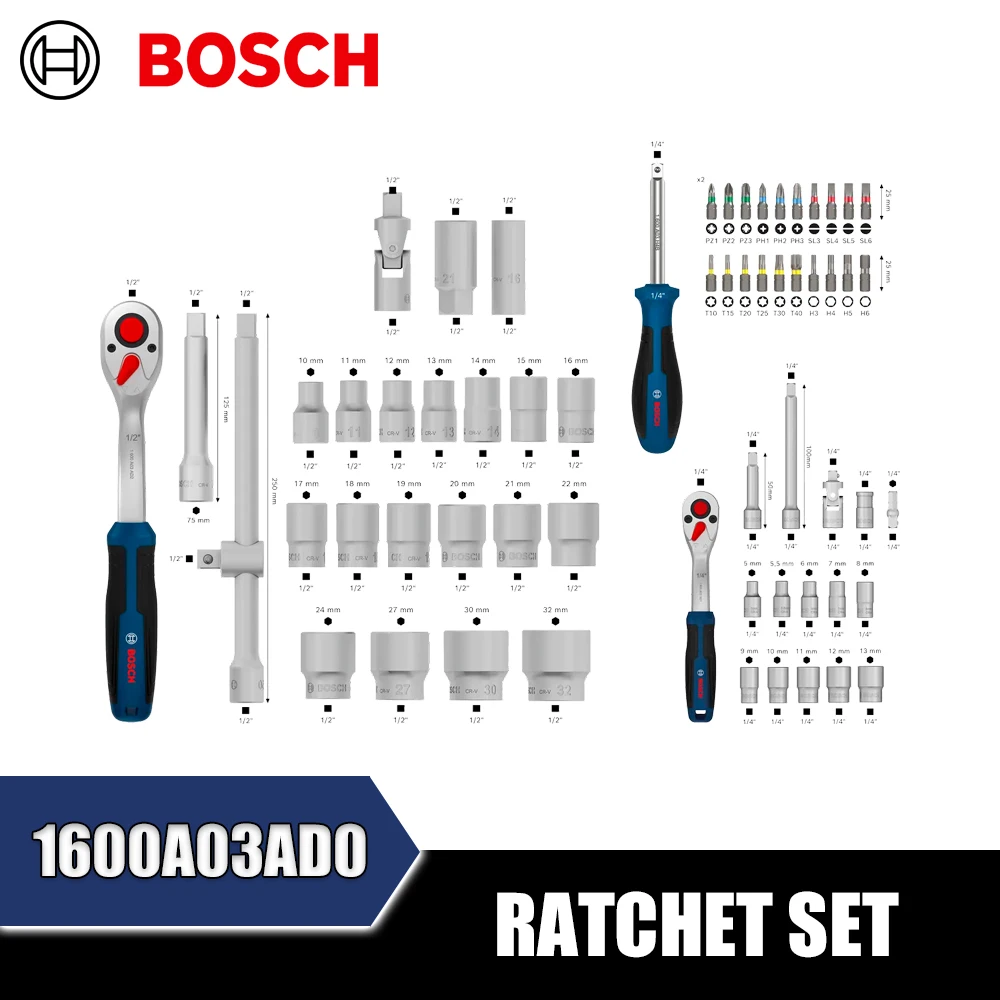 BOSCH 1600A03AD0 Ratchet Set 80-Piece 1/4" and 1/2" Socket Sets Hand Tools
BOSCH 1600A03AD0 Ratchet Set 80-Piece 1/4" and 1/2" Socket Sets Hand Tools
