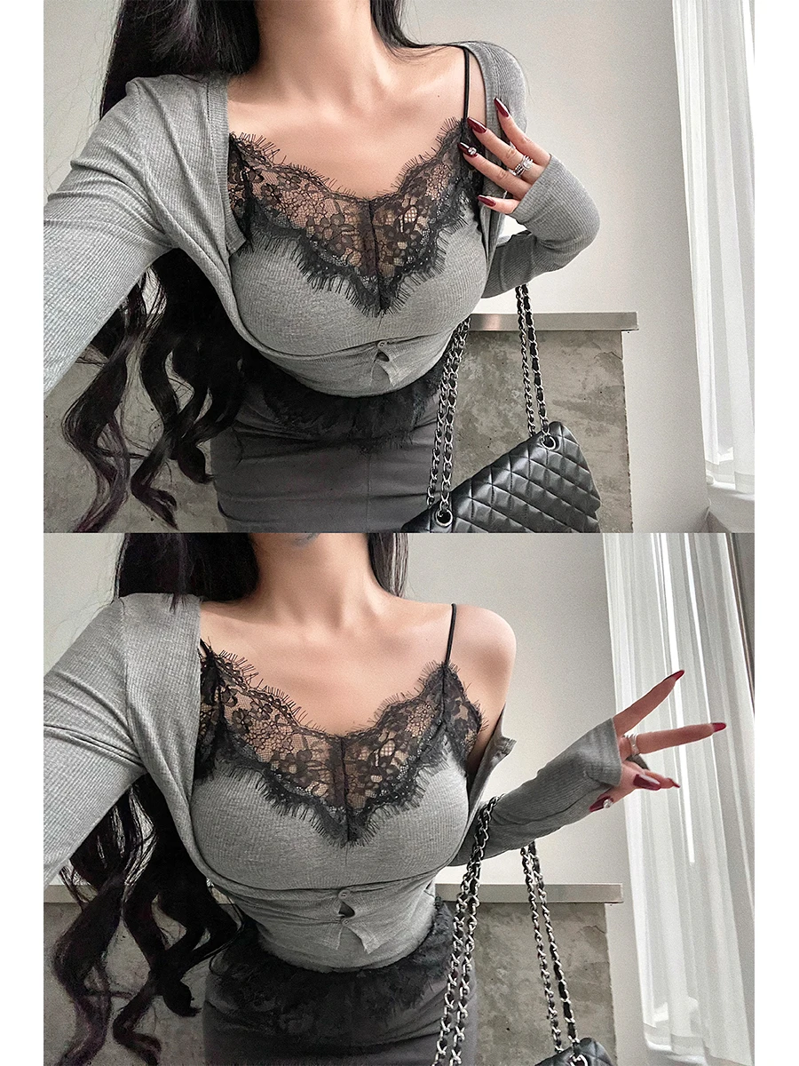 Pure Desire Atmosphere Lace Patchwork Long Sleeve Single Button Strap Vest Top Set Young Girl Day Cotton V-neck Suit
Pure Desire Atmosphere Lace Patchwork Long Sleeve Single Button Strap Vest Top Set Young Girl Day Cotton V-neck Suit
