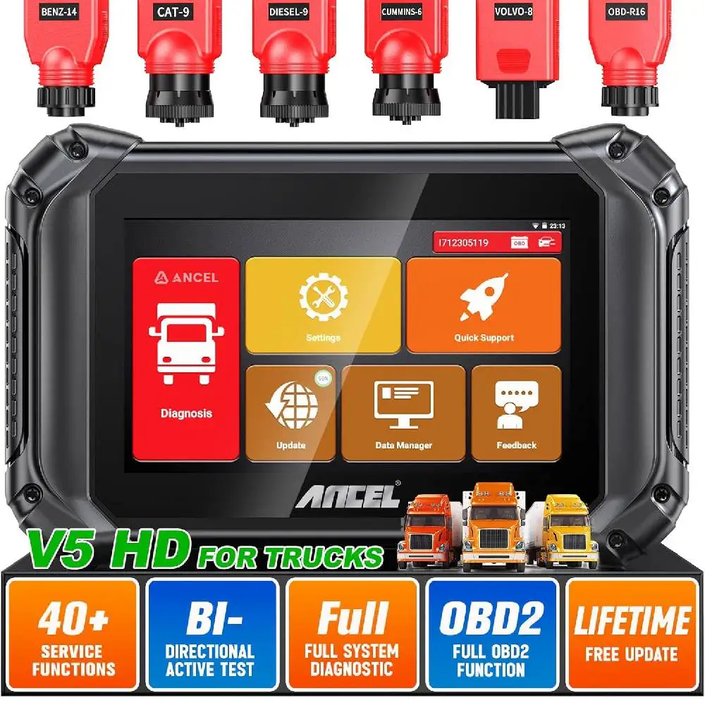 ANCEL V5 HD Heavy Duty Truck Scanner Bidirectional Diesel Diagnostic Tool 40+Resets ALL System ABS SRS DPF Regen for Truck
ANCEL V5 HD Heavy Duty Truck Scanner Bidirectional Diesel Diagnostic Tool 40+Resets ALL System ABS SRS DPF Regen for Truck