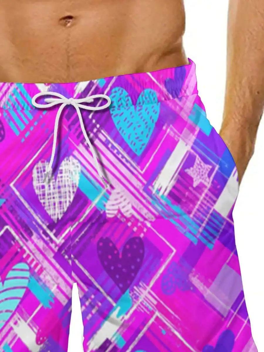 Mens Casual Beach Shorts With Pink Purple Geometric Heart Pattern For Summer
Mens Casual Beach Shorts With Pink Purple Geometric Heart Pattern For Summer