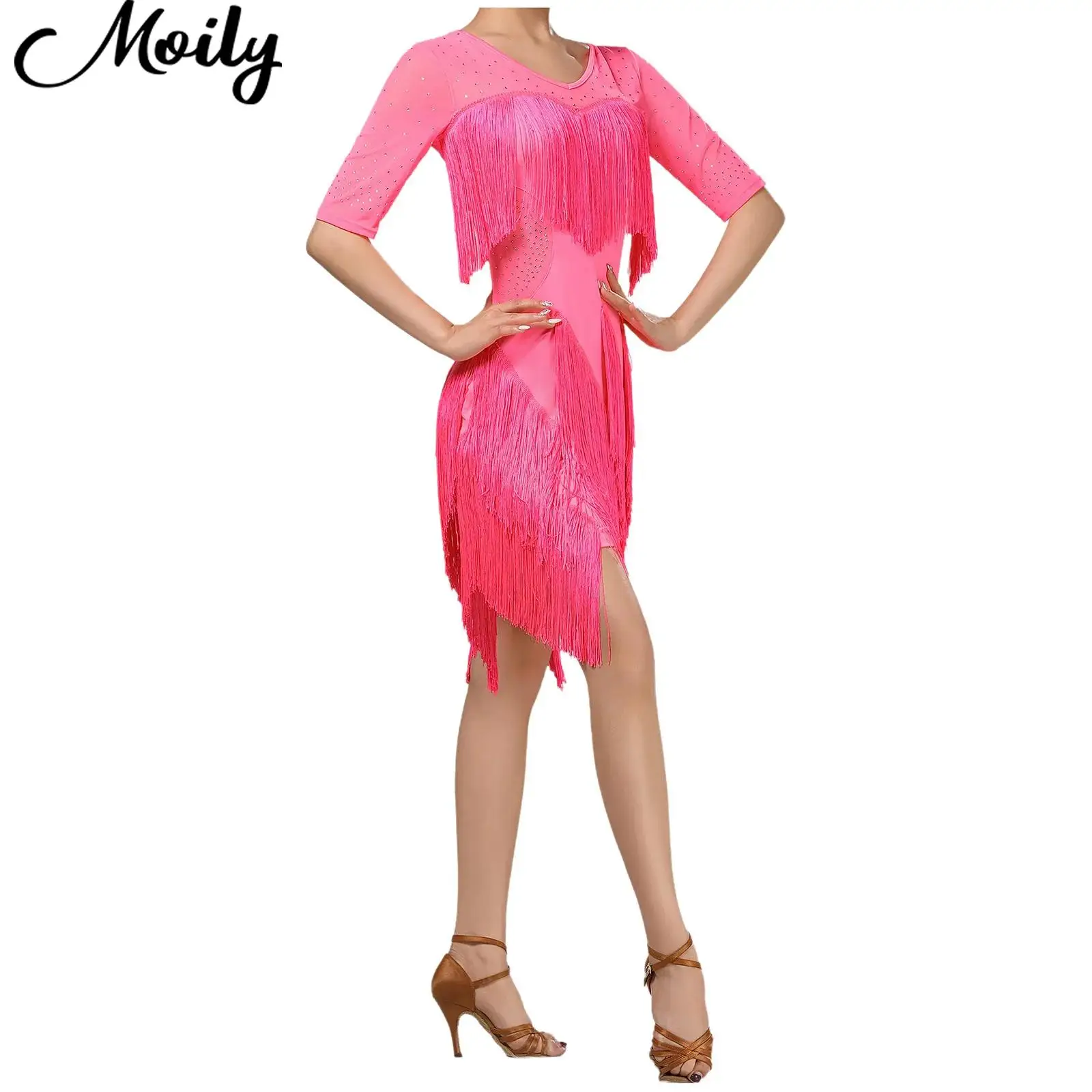 New Women Latin Tango Tassel Dress Chacha Rumba Samba Stage Dancewear Rhinestone Mesh Short Sleeve Fringe Dress for Dance Party
New Women Latin Tango Tassel Dress Chacha Rumba Samba Stage Dancewear Rhinestone Mesh Short Sleeve Fringe Dress for Dance Party