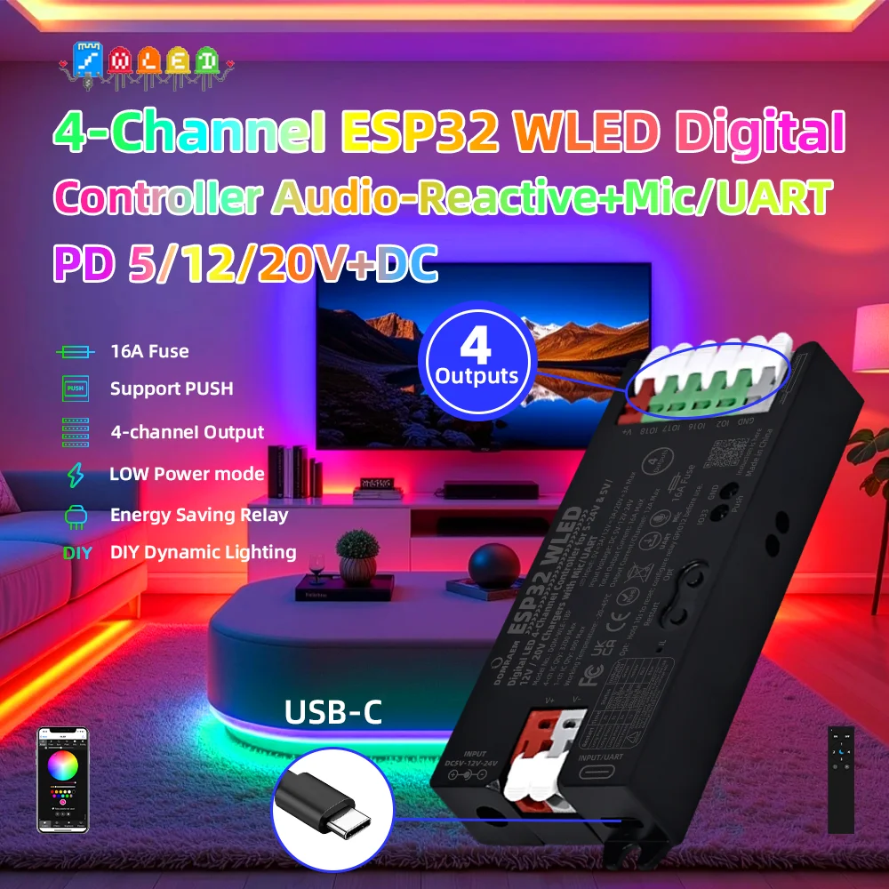 DOMRAEM 4 Output ESP32 WLED Controller with Audio Sync Download Port PD/DC5-24V for WS2811 WS2812B SK6812 and APA102 Pixel Strip
DOMRAEM 4 Output ESP32 WLED Controller with Audio Sync Download Port PD/DC5-24V for WS2811 WS2812B SK6812 and APA102 Pixel Strip