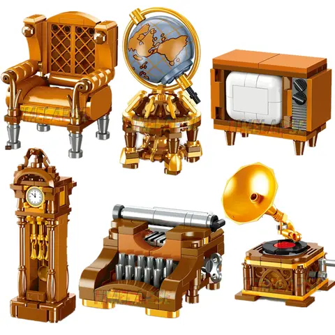 DIY Retro Electrical Typewriter Appliances Leather Sofa Globe Furniture Gramophone TV Building Blocks Model Bricks Sets Toys