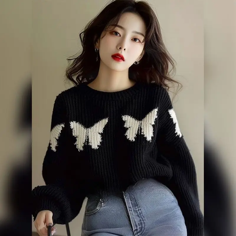 Butterfly Jacquard Black Pullover Thick Sweater for Women Autumn Winter Korean Loose Street Knitted Top Fashion Women Clothing
Butterfly Jacquard Black Pullover Thick Sweater for Women Autumn Winter Korean Loose Street Knitted Top Fashion Women Clothing