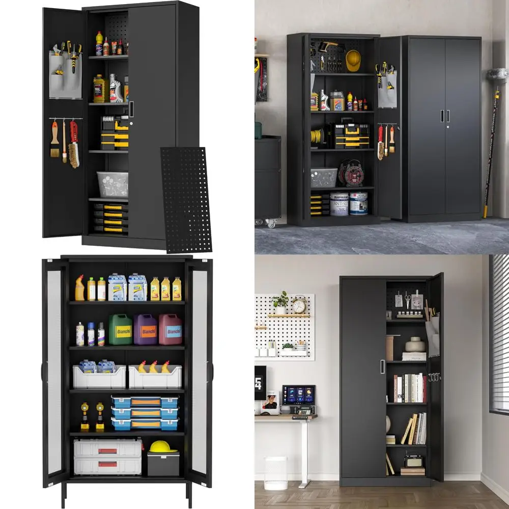 Металлический гаражный шкаф для хранения вещей с 2 запираемыми дверцами и 5 регулируемыми полками для организации инструментов и расходных материалов
Металлический гаражный шкаф для хранения вещей с 2 запираемыми дверцами и 5 регулируемыми полками для организации инструментов и расходных материалов