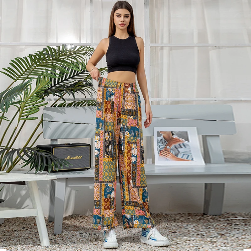 Lady's patchwork vintage print wide-leg pants high-waisted Straight-leg boho pants for women
Lady's patchwork vintage print wide-leg pants high-waisted Straight-leg boho pants for women