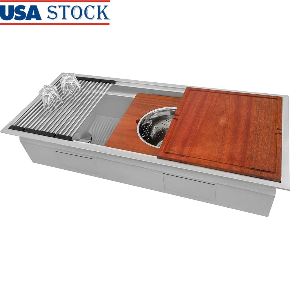 45 Inch Workstation Kitchen Sink Drop-In Topmount Stainless Steel Dual Tier Ledge Innovative Design Includes Accessories
45 Inch Workstation Kitchen Sink Drop-In Topmount Stainless Steel Dual Tier Ledge Innovative Design Includes Accessories