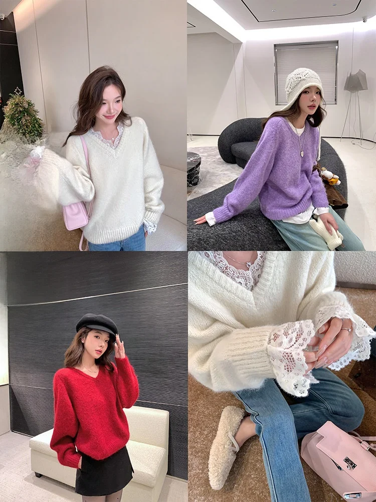 Lace Knitted Sweater 3 Colors Lazy High-End Feelings Warm And Ele Sle for Women Straight Tube Long Sve V-Ne Sweater
Lace Knitted Sweater 3 Colors Lazy High-End Feelings Warm And Ele Sle for Women Straight Tube Long Sve V-Ne Sweater