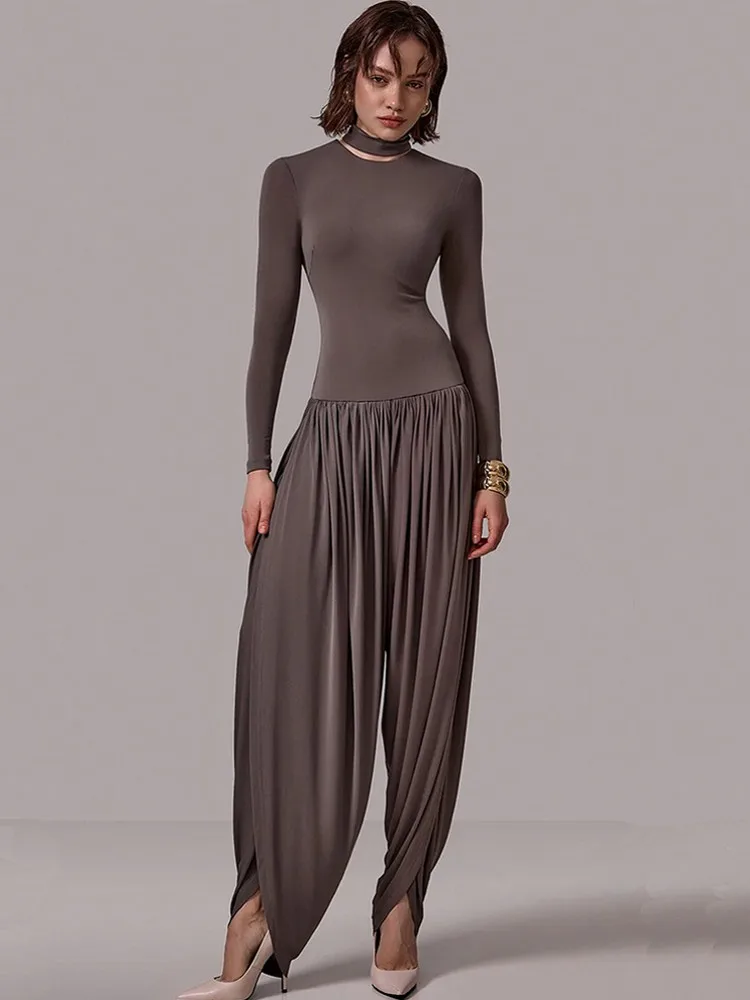 Однотонные женские комбинезоны на осень-зиму с длинным рукавом и круглым вырезом, свободные модные уличные комбинезоны, широкие брюки, брюки 2025 
Однотонные женские комбинезоны на осень-зиму с длинным рукавом и круглым вырезом, свободные модные уличные комбинезоны, широкие брюки, брюки 2025