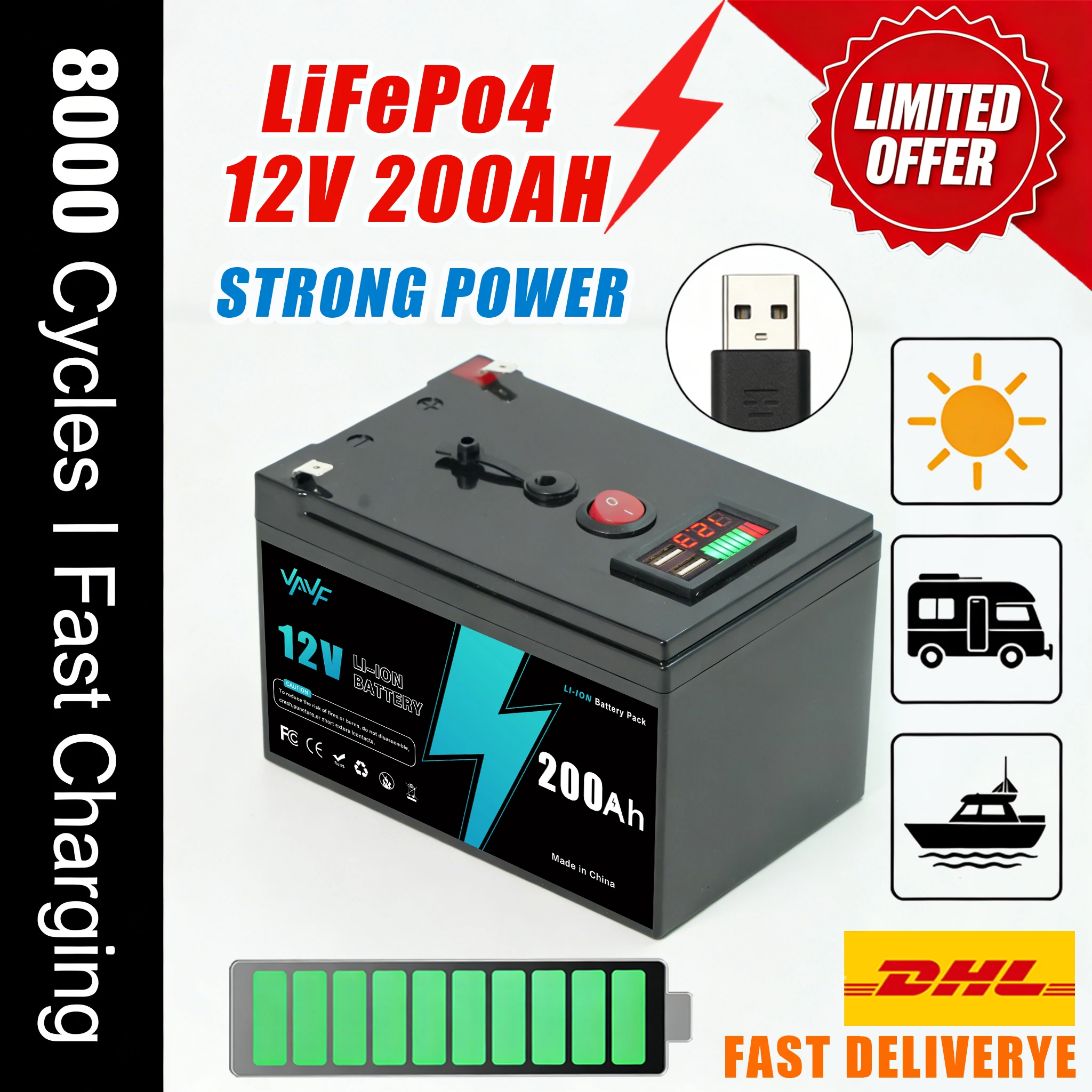 Lithium Battery12V200Ah LiFePO4 Solar Battery with Advanced Management System (BMS) for Solar Battery Backup Power&RVs
Lithium Battery12V200Ah LiFePO4 Solar Battery with Advanced Management System (BMS) for Solar Battery Backup Power&RVs