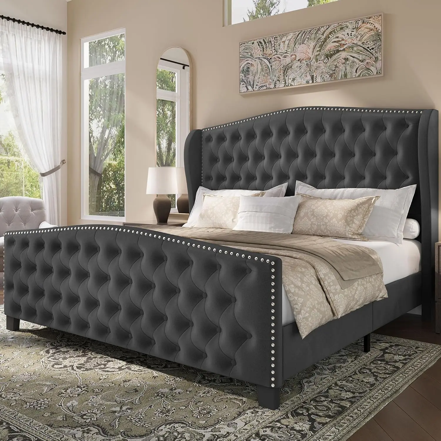 Upholstered King Size Bed Frame Velvet Tufted Bed Frame with Wingback Headboard Footboard with Deep Button Tufted Nailhead
Upholstered King Size Bed Frame Velvet Tufted Bed Frame with Wingback Headboard Footboard with Deep Button Tufted Nailhead