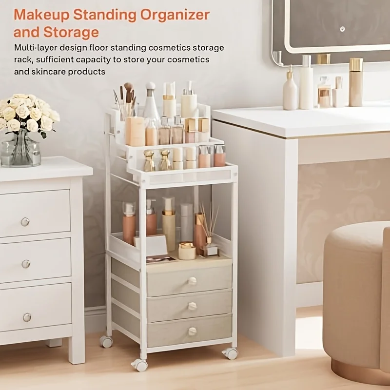 Rolling Makeup Station & Display Stand, 3-Tier Ladder Cart with Fabric Drawers to Organize & Showcase Perfume, Nail Polish
Rolling Makeup Station & Display Stand, 3-Tier Ladder Cart with Fabric Drawers to Organize & Showcase Perfume, Nail Polish
