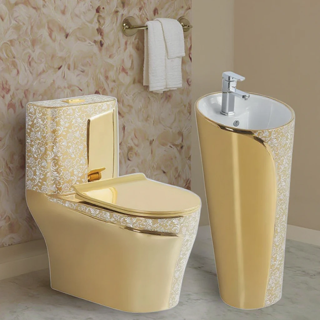Floor Mounted Ceramic Gold Royal Style Sanitary Ware Suit Handmade Wash Basin Pedestal Sink One Piece Toilet Commode Set
Floor Mounted Ceramic Gold Royal Style Sanitary Ware Suit Handmade Wash Basin Pedestal Sink One Piece Toilet Commode Set