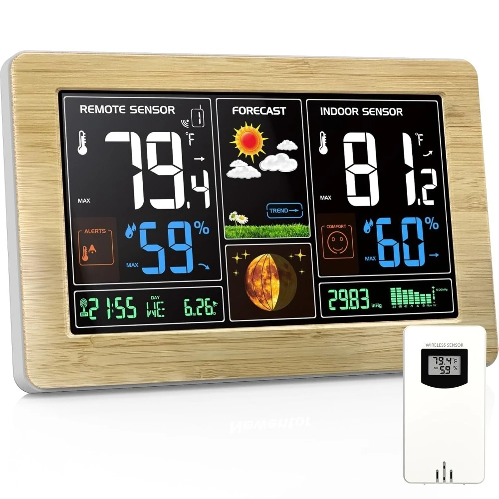 Wireless Indoor Outdoor Thermometer with Color Display Atomic Clock Weather Station Barometric Pressure Forecast Adjustable
Wireless Indoor Outdoor Thermometer with Color Display Atomic Clock Weather Station Barometric Pressure Forecast Adjustable
