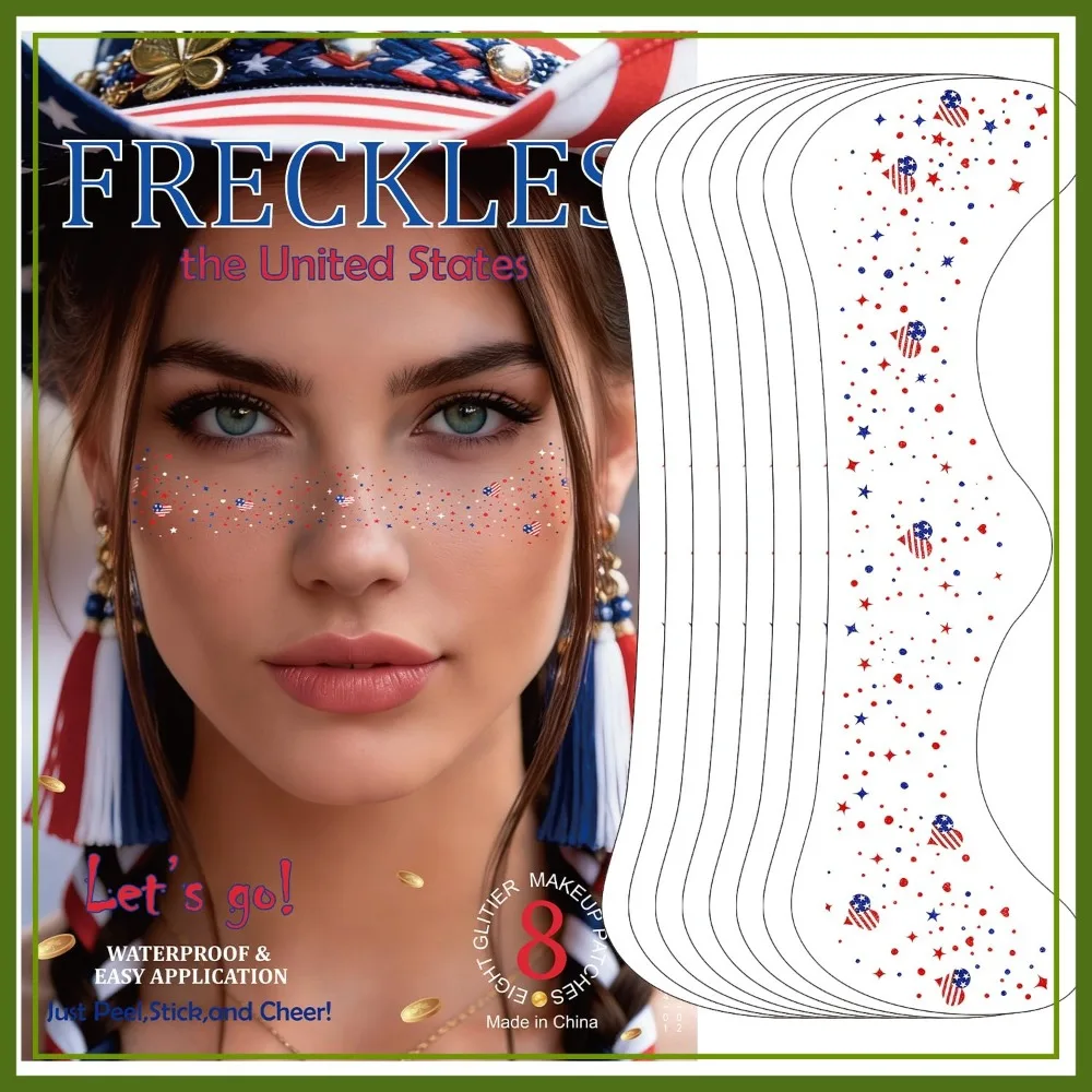 8 Pcs Red White Blue USA Flag Glitter Freckles Face Tattoo for World Cup Fans, 4th of July Independence Day Accessories, Waterproof Long-lasting
8 Pcs Red White Blue USA Flag Glitter Freckles Face Tattoo for World Cup Fans, 4th of July Independence Day Accessories, Waterproof Long-lasting