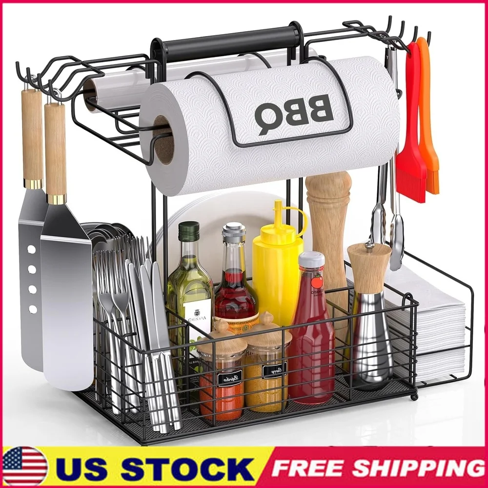 Large Capacity Outdoor Grill Caddy with 9 Compartments 8 Hooks 2 Paper Towel Holders Heavy Duty Metal Storage Organizer BBQ
Large Capacity Outdoor Grill Caddy with 9 Compartments 8 Hooks 2 Paper Towel Holders Heavy Duty Metal Storage Organizer BBQ