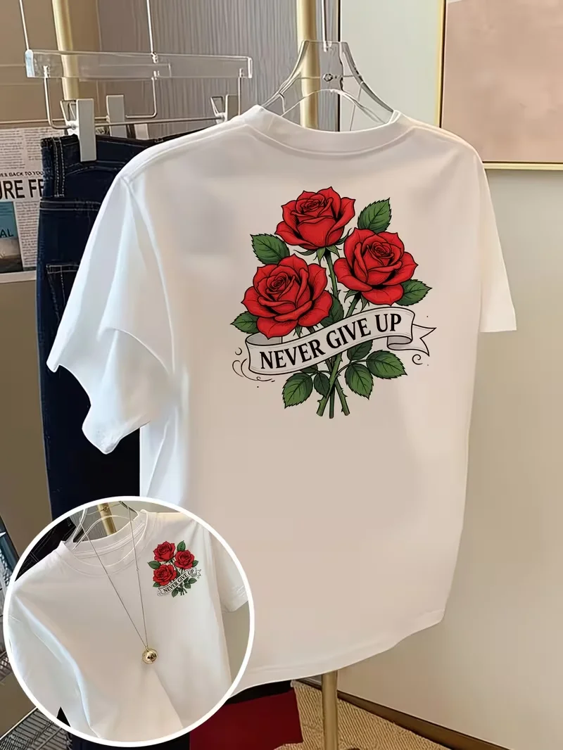 Never Give Up Red Roses Print T-shirt Crew Neck Short Sleeve Inspirational Graphic Tee Ideal For Summer Casual Daily Street wear
Never Give Up Red Roses Print T-shirt Crew Neck Short Sleeve Inspirational Graphic Tee Ideal For Summer Casual Daily Street wear