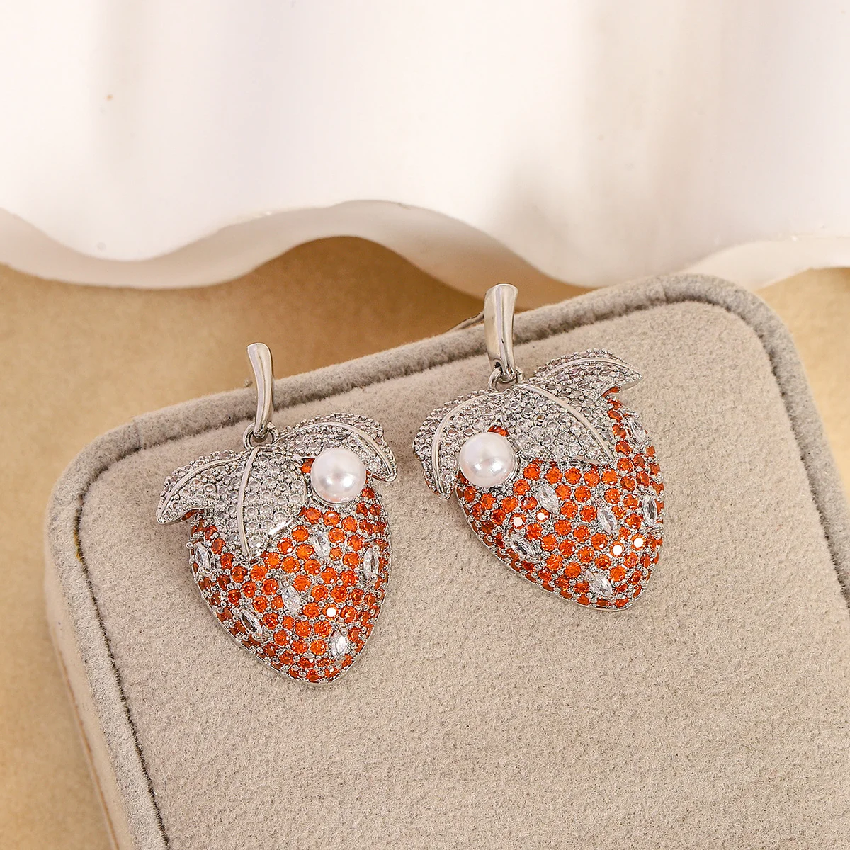 Silver Tone Pave Orange Crystal & Pearl Strawberry Drop Earrings, Women's Cute Statement Jewelry
Silver Tone Pave Orange Crystal & Pearl Strawberry Drop Earrings, Women's Cute Statement Jewelry