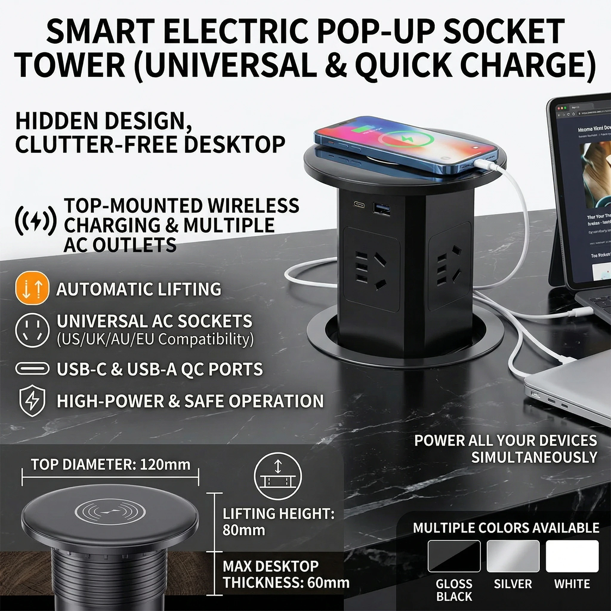 Automatic Pop Up Socket Tower,Hidden Lifting Power Outlet with USB Type C & Wireless Charge Universal for US UK EU AU Standards
Automatic Pop Up Socket Tower,Hidden Lifting Power Outlet with USB Type C & Wireless Charge Universal for US UK EU AU Standards