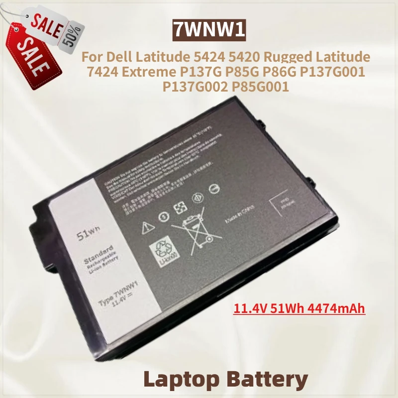 7WNW1 11.4V 51Wh 4474mAh Laptop Battery For Dell Latitude 5420 5424 P85G P86G P137G001 P137G002 Rugged Latitude 7424 Extreme 
7WNW1 11.4V 51Wh 4474mAh Laptop Battery For Dell Latitude 5420 5424 P85G P86G P137G001 P137G002 Rugged Latitude 7424 Extreme