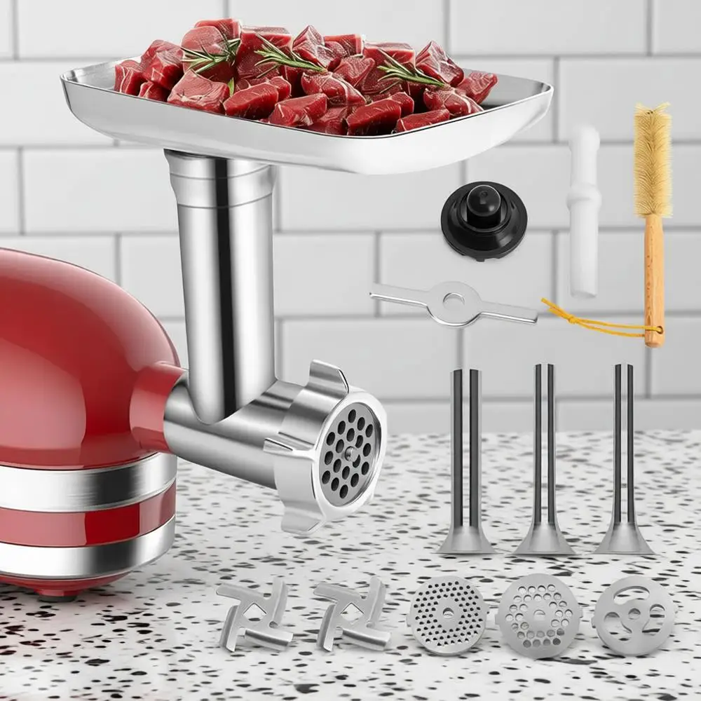 Meat Grinder Attachment - Metal Food Grinder with 4 Plates, 3 Sausage Tubes & 2 Blades - Compatible with Mixers
Meat Grinder Attachment - Metal Food Grinder with 4 Plates, 3 Sausage Tubes & 2 Blades - Compatible with Mixers