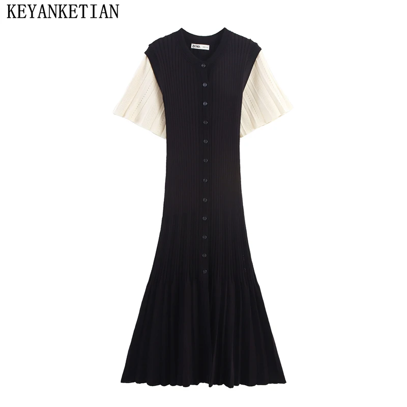 KEYANKETIAN Autumn New Women's Clothing Single Breasted Contrasting Splicing Short Sleeved Slim Knit Dress A-line Long Skirt
KEYANKETIAN Autumn New Women's Clothing Single Breasted Contrasting Splicing Short Sleeved Slim Knit Dress A-line Long Skirt