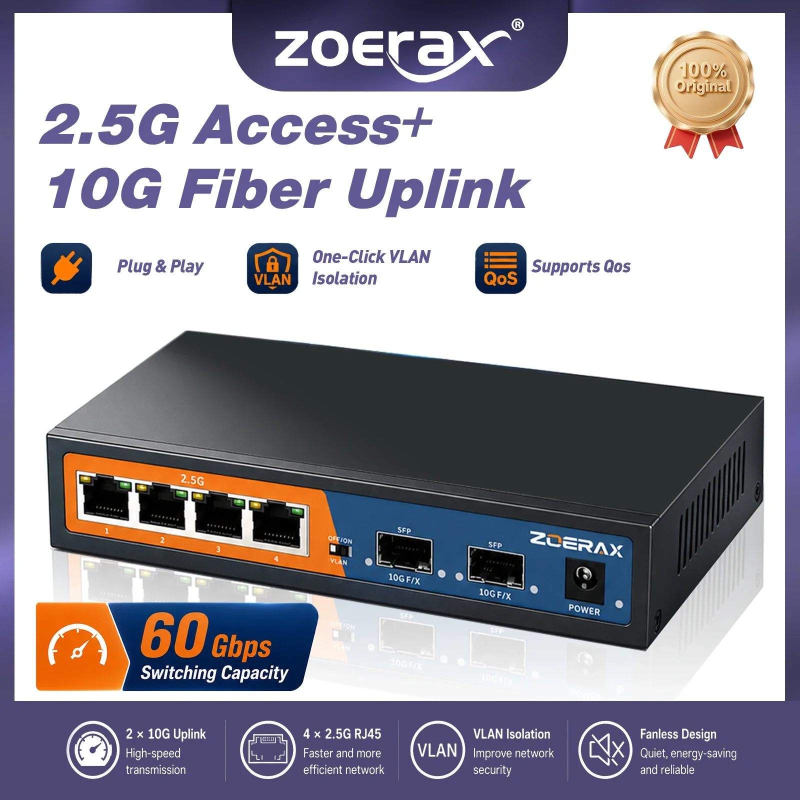 ZoeRax 6-Port Multi-Gigabit Switch with 4-port 2.5Gb RJ45 and 2-port 10G SFP+ Unmanaged Network Switch Support 4K, QoS, VLAN
ZoeRax 6-Port Multi-Gigabit Switch with 4-port 2.5Gb RJ45 and 2-port 10G SFP+ Unmanaged Network Switch Support 4K, QoS, VLAN