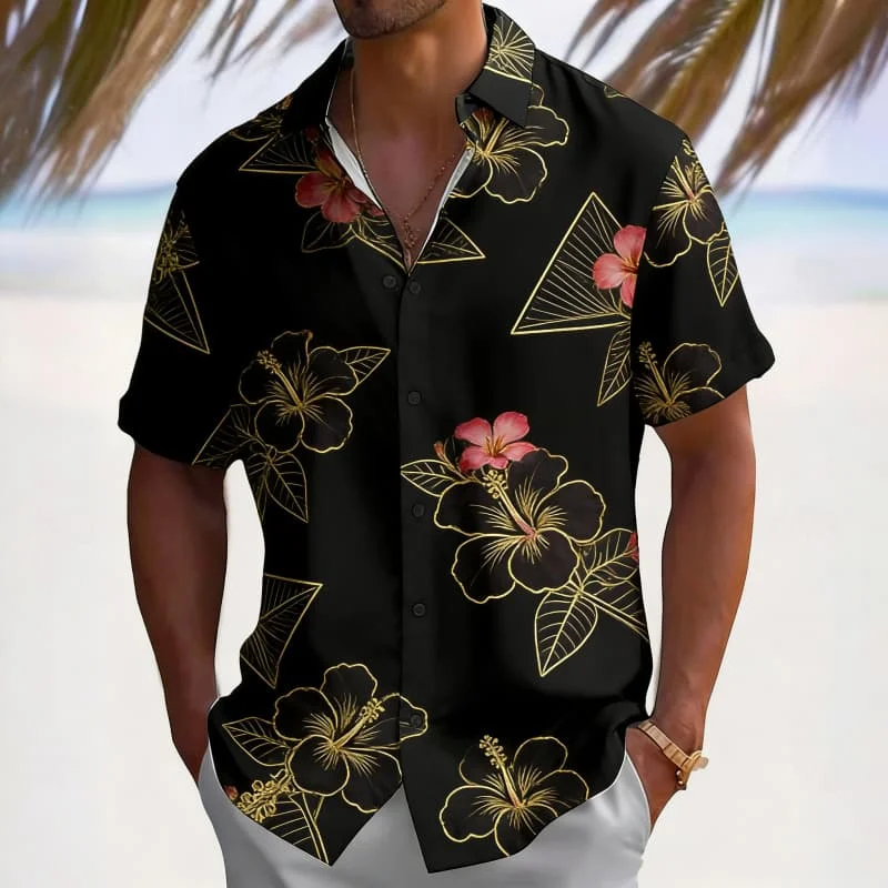 Men's Luxury Black Gold Floral Print Short Sleeve Shirt, Elegant Botanical Graphic Button Down for Summer Vacation
Men's Luxury Black Gold Floral Print Short Sleeve Shirt, Elegant Botanical Graphic Button Down for Summer Vacation