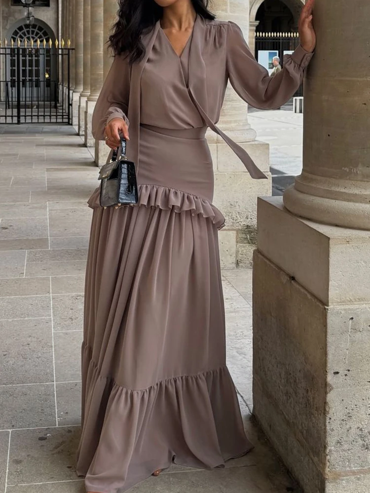 Casual Street Solid Color Chiffon Set New Autumn Elegant Temperament Outfit Lady Sexy V Neck Tie Up Top and Long Skirt Two Piece
Casual Street Solid Color Chiffon Set New Autumn Elegant Temperament Outfit Lady Sexy V Neck Tie Up Top and Long Skirt Two Piece