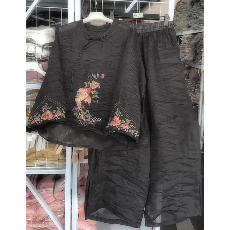 Chinese Style Thin Long Sleeve Two Piece Sets Womens Outifits Wide Leg Elastic Waist Pants and Ethnic Floral Ramie Tops Set
Chinese Style Thin Long Sleeve Two Piece Sets Womens Outifits Wide Leg Elastic Waist Pants and Ethnic Floral Ramie Tops Set