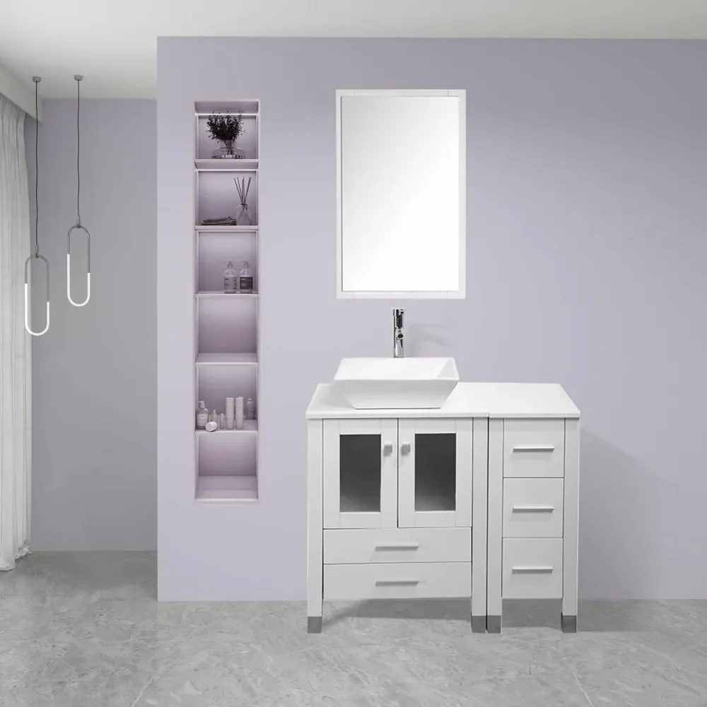 36” Bathroom Vanity Sink Combo with Free Standing Small Side Cabinet, Ceramic Vessel Sink&Water Save Faucet & Pop Up Drain&Mirro
36” Bathroom Vanity Sink Combo with Free Standing Small Side Cabinet, Ceramic Vessel Sink&Water Save Faucet & Pop Up Drain&Mirro