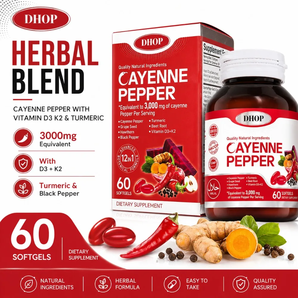 DHOP Cayenne Pepper Herbal Blend Softgels with Vitamin D3 K2 Turmeric & Black Pepper, 60 Softgels Daily Dietary Supplement
DHOP Cayenne Pepper Herbal Blend Softgels with Vitamin D3 K2 Turmeric & Black Pepper, 60 Softgels Daily Dietary Supplement
