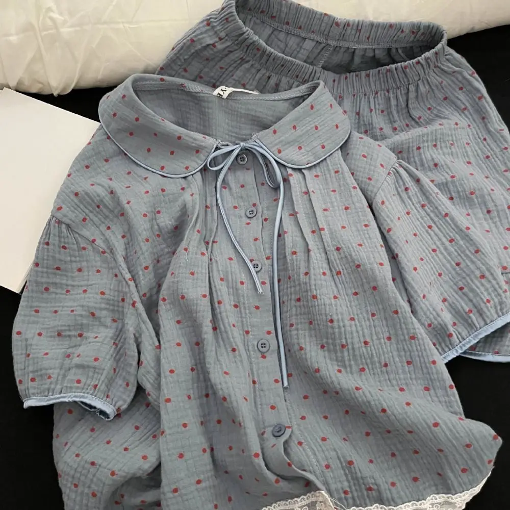 Comfortable Dot Sweet Pajamas Set O Neck Loose Short Sleeve Nightwear Lace Ruffle Home Wear Suit 2 Pieces Sleepwear Women
Comfortable Dot Sweet Pajamas Set O Neck Loose Short Sleeve Nightwear Lace Ruffle Home Wear Suit 2 Pieces Sleepwear Women