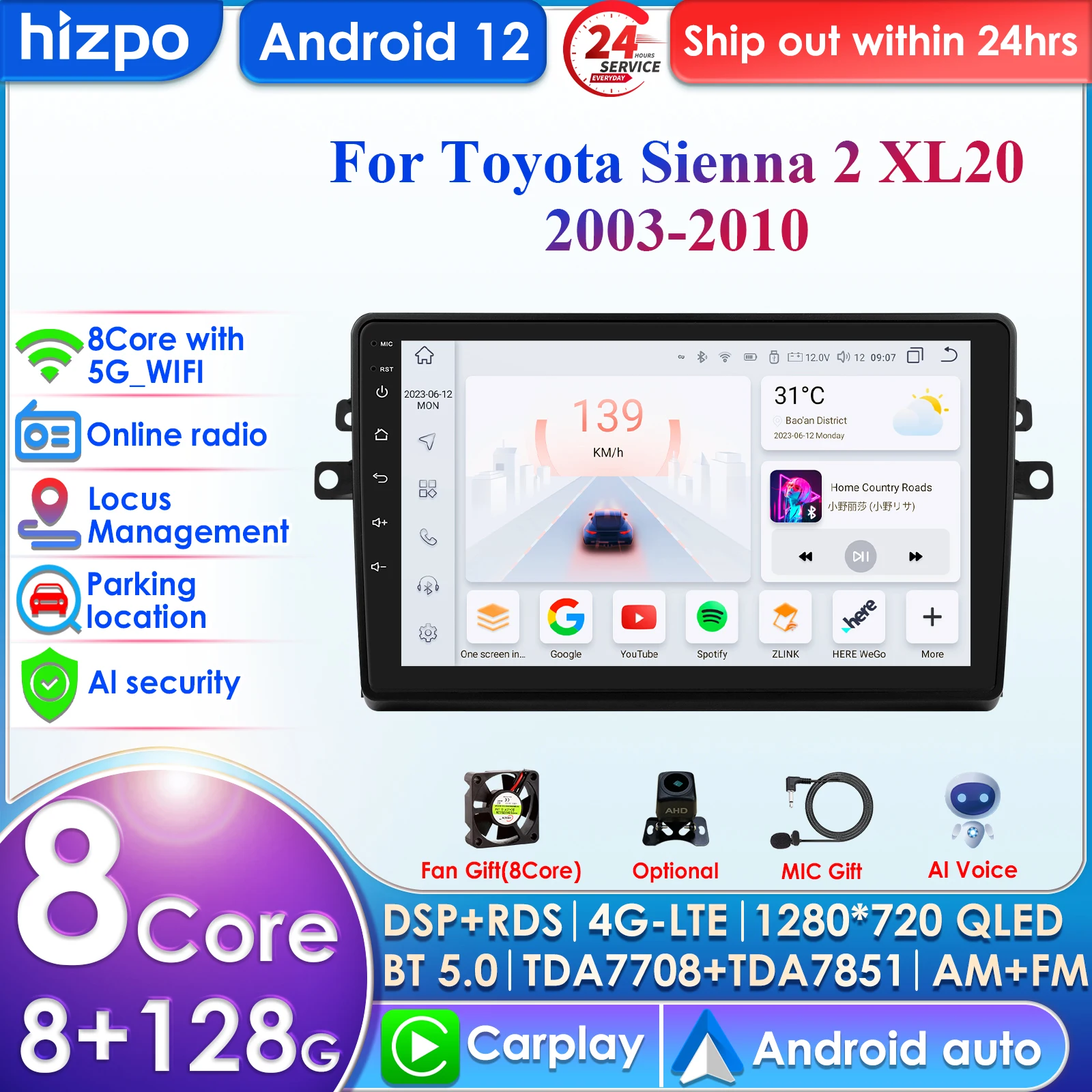 Hizpo 4G 9'' AI Intelligent System Wireless CarPlay Android Auto Radio for Toyota Sienna 2 XL20 2003-2010 Car Multimedia GPS RDS
Hizpo 4G 9'' AI Intelligent System Wireless CarPlay Android Auto Radio for Toyota Sienna 2 XL20 2003-2010 Car Multimedia GPS RDS