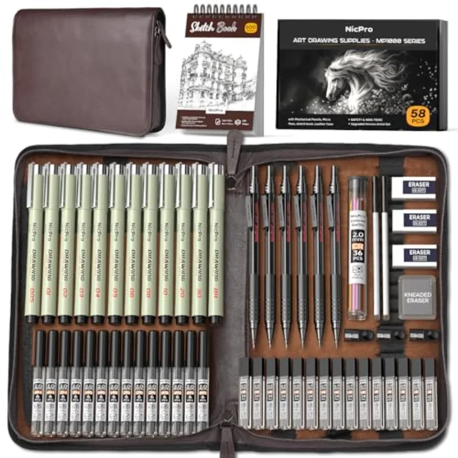 58PCS Art Drawing Supplies Kit in Leather Case MP1000 Black Metal Mechanical Pencil Set with Drafting Pencil 0.5 0.7 0.9 and 2m
58PCS Art Drawing Supplies Kit in Leather Case MP1000 Black Metal Mechanical Pencil Set with Drafting Pencil 0.5 0.7 0.9 and 2m