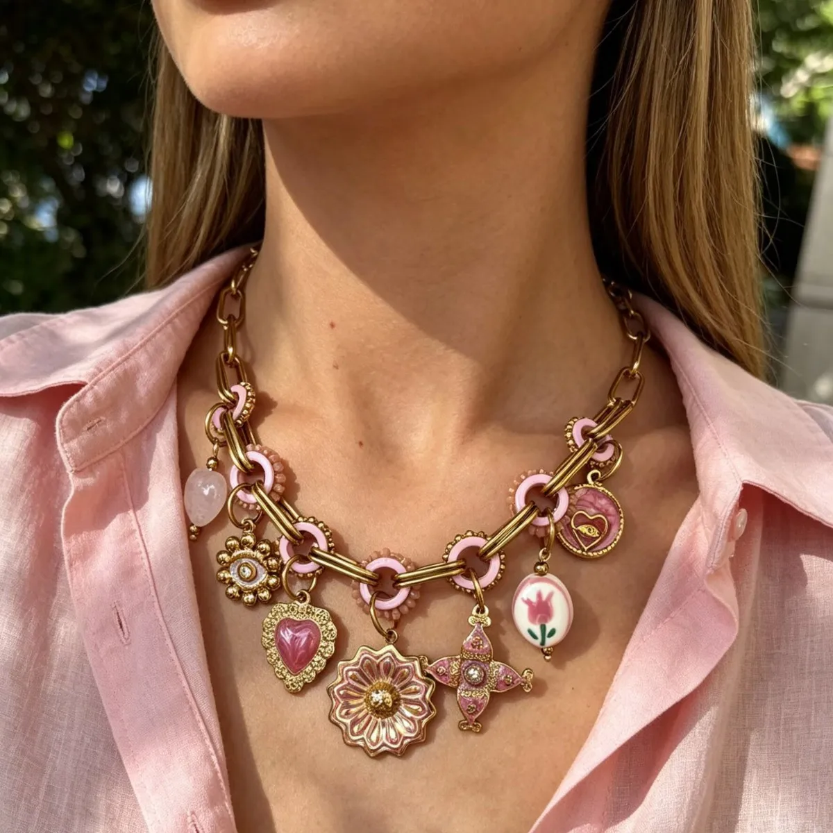 Pink Enamel Charms Pendant Necklace Stainless Steel Multi Statement Necklace Waterproof Collar Jewelry Unique Design Jewelry
Pink Enamel Charms Pendant Necklace Stainless Steel Multi Statement Necklace Waterproof Collar Jewelry Unique Design Jewelry