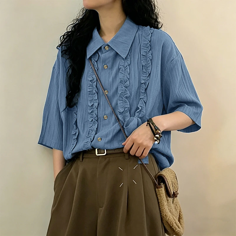 Stylish Summer Half Sleeve Lapel Neck Shirt ZANZEA Women Casual Tops Elegant Flounce Work Blouse Solid Color Baggy Blusas Femme
Stylish Summer Half Sleeve Lapel Neck Shirt ZANZEA Women Casual Tops Elegant Flounce Work Blouse Solid Color Baggy Blusas Femme