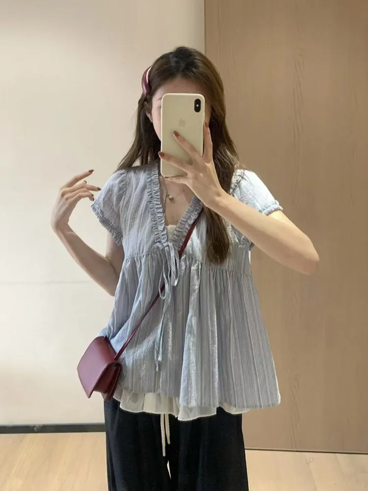 plus Size Women's Blue Striped Loose Fit ort Sve irt Summer New Sle Slimming Top Korean Sle Bubble Sve V-Ne
plus Size Women's Blue Striped Loose Fit ort Sve irt Summer New Sle Slimming Top Korean Sle Bubble Sve V-Ne