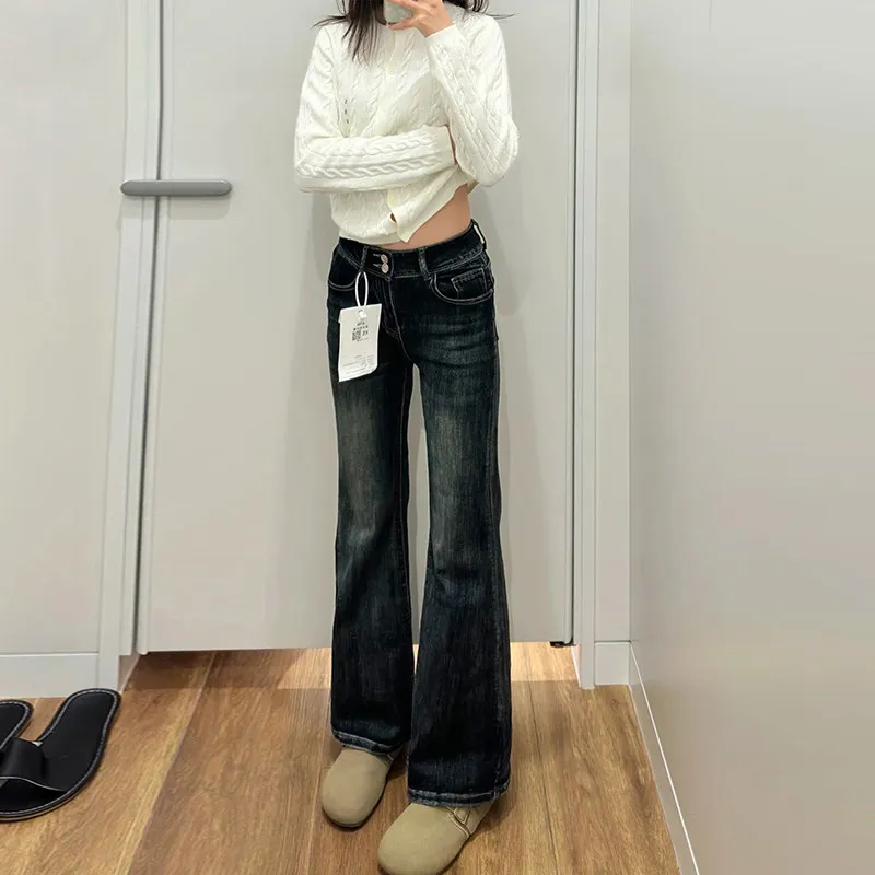 High Waist Bell Bottom Denim Jeans Women's Double Buckle Light Blue Grey American Retro Style Slimming Drapey Floor Length
High Waist Bell Bottom Denim Jeans Women's Double Buckle Light Blue Grey American Retro Style Slimming Drapey Floor Length