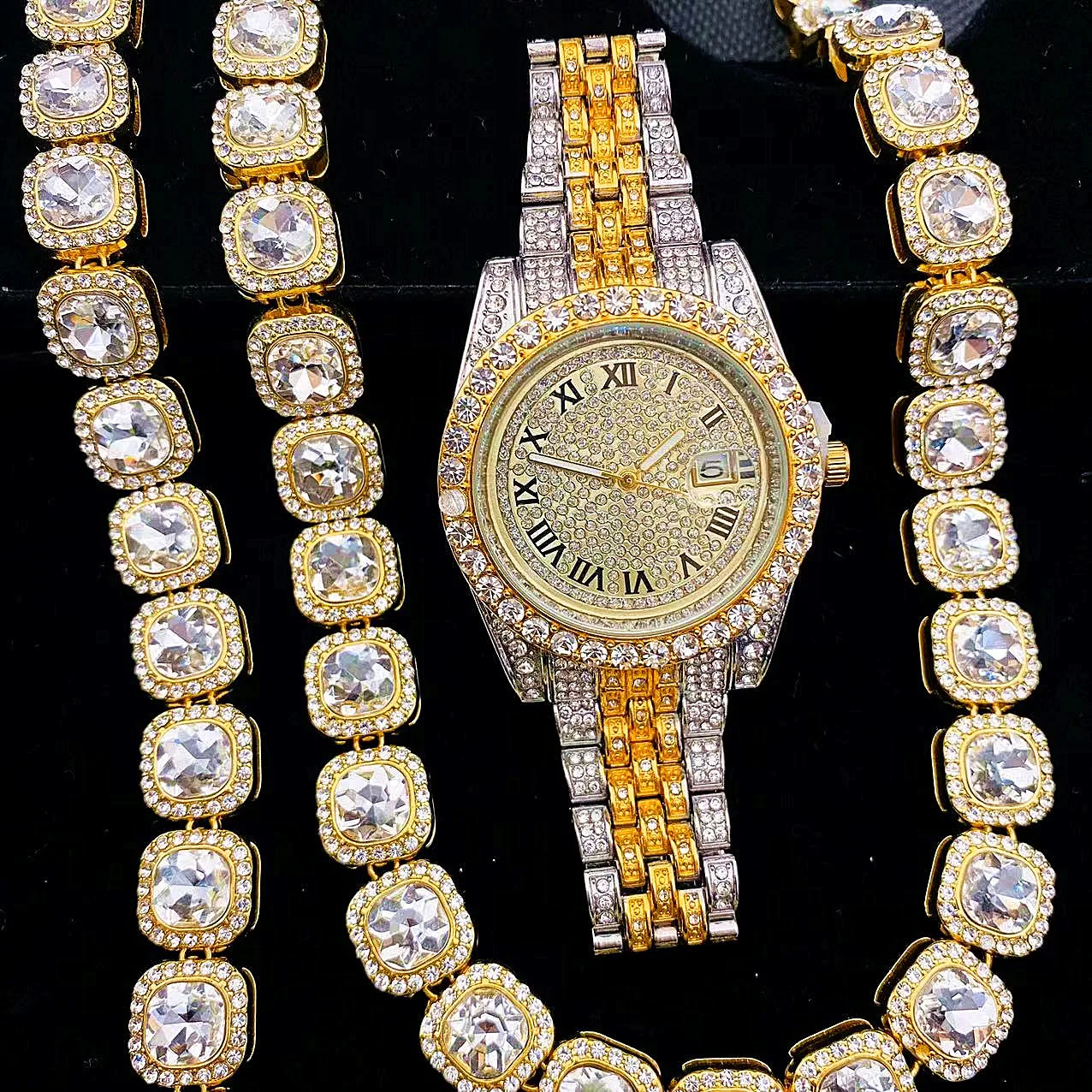 3pcs Hip Hop Rapper Rock Full Iced Out Watches Mens Gold Tennis Link Chain Bracelet Necklace Bling HipHop Jewelry Women's Set
3pcs Hip Hop Rapper Rock Full Iced Out Watches Mens Gold Tennis Link Chain Bracelet Necklace Bling HipHop Jewelry Women's Set